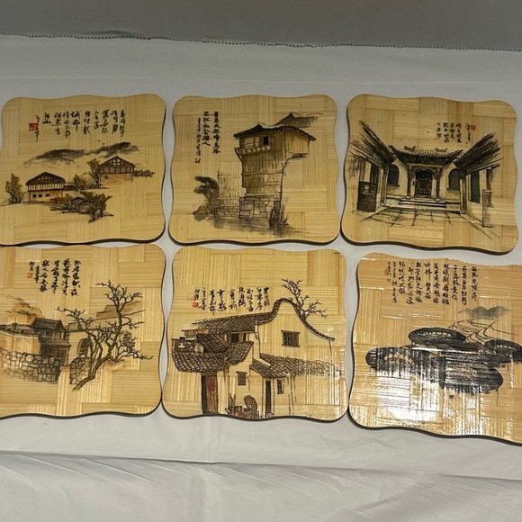 Set Of Six Vintage  Asian Bamboo Coasters With Wooden Holder - Picture 5 of 12
